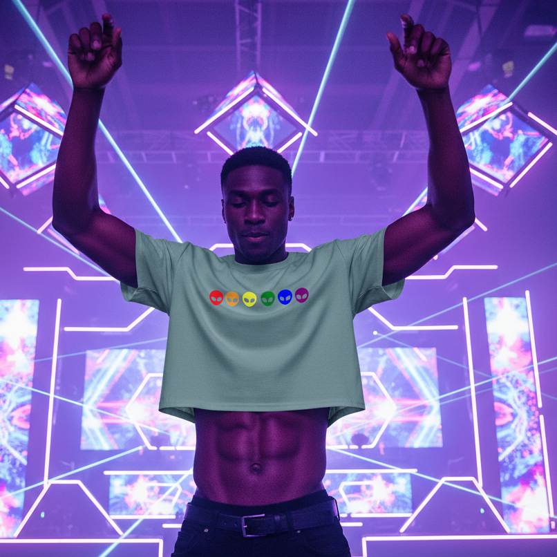 Person wearing a sage-green cropped T-shirt with six colorful alien-face icons onstage