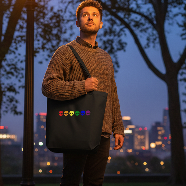 Person outdoors at dusk carrying a black tote with six rainbow alien faces
