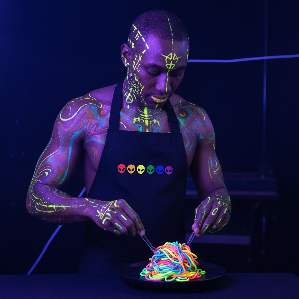 Shirtless person wearing a black alien-face apron, serving colorful spaghetti under UV light