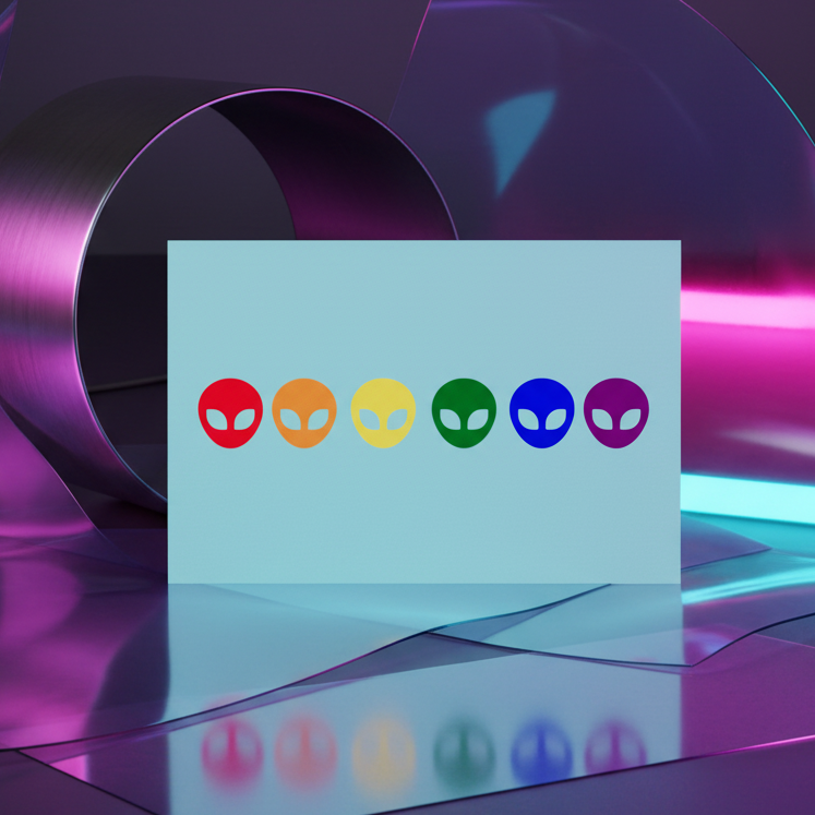 Gay Alien Postcard with six rainbow alien heads on a rectangle card