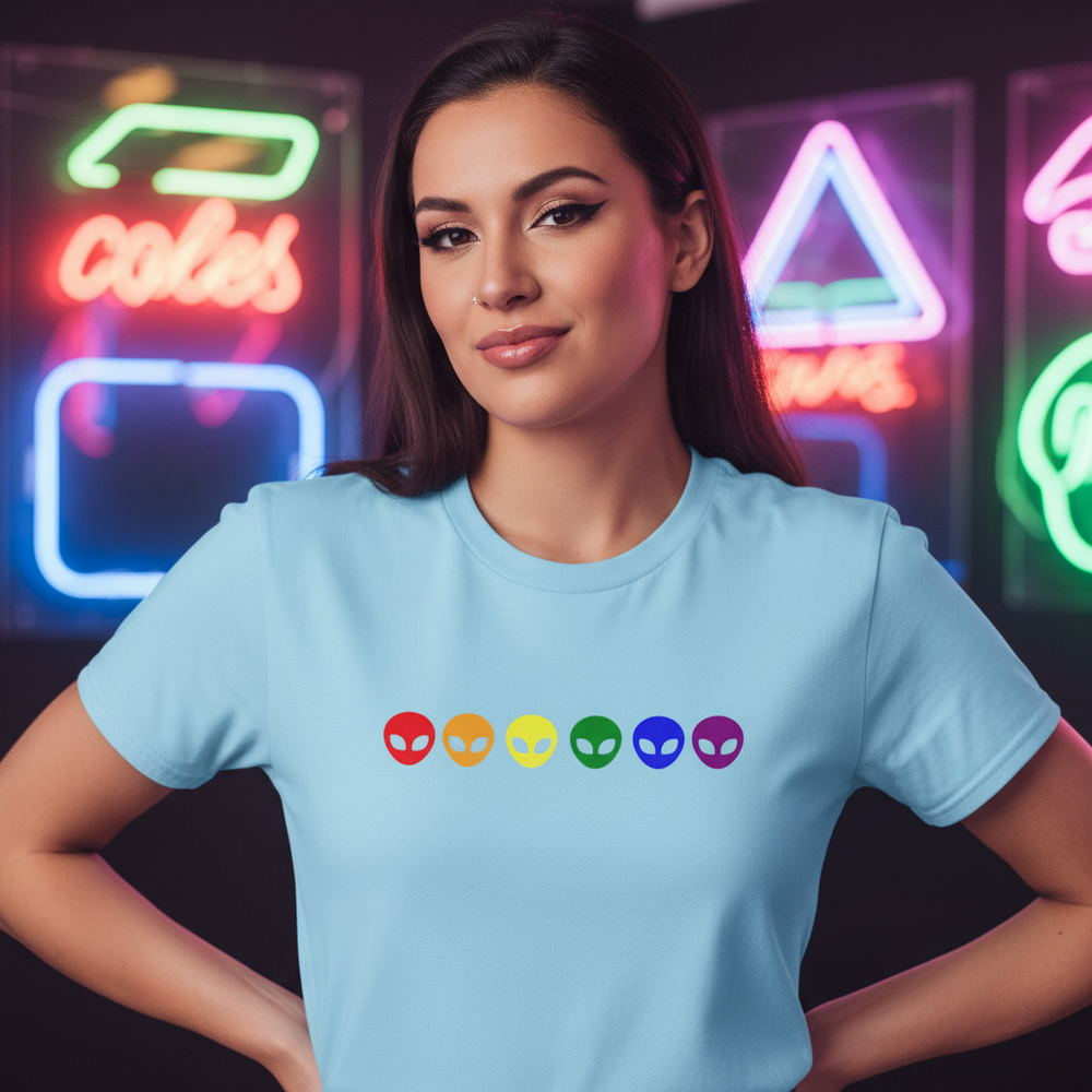 Light blue "Gay Alien" T-shirt with six rainbow alien heads across the chest