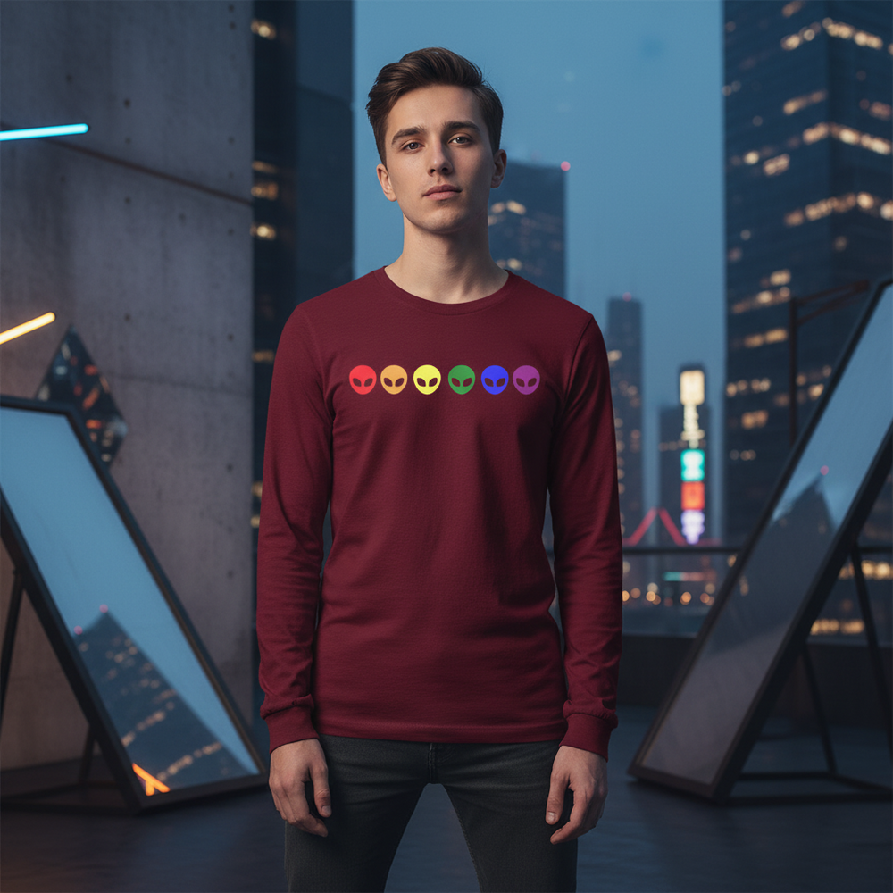 Gay Alien Unisex Long Sleeve T-Shirt in maroon, featuring six bold rainbow alien head icons
