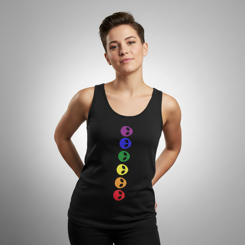 Gay Alien Unisex Tank Top modeled by someone with short brown hair, standing against a plain gray backdrop