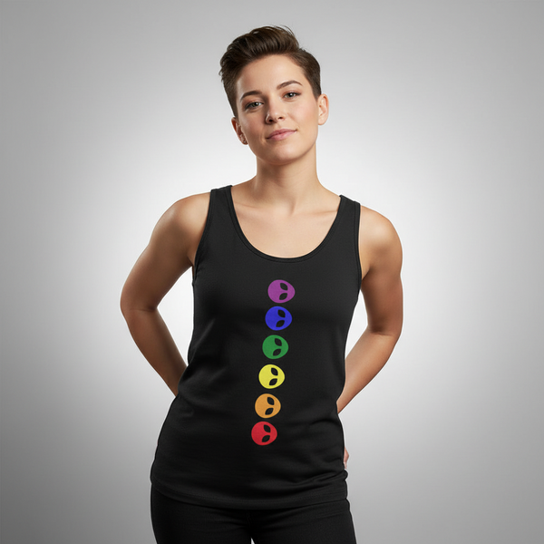 Gay Alien Unisex Tank Top modeled by someone with short brown hair, standing against a plain gray backdrop
