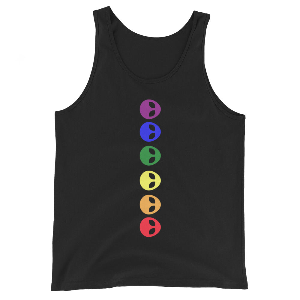 Front view of a black tank top with six colored alien-head symbols in a vertical row