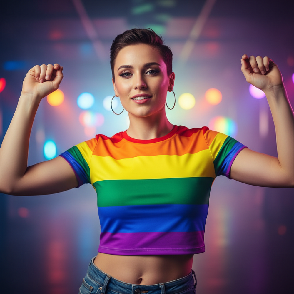 Gay All-Over Crop T-Shirt with bold colors, worn by a smiling person arms up