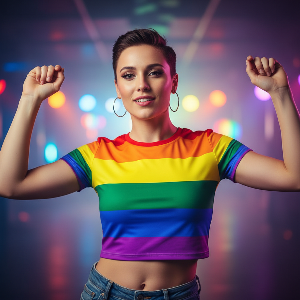 Gay All-Over Crop T-Shirt with bold colors, worn by a smiling person arms up