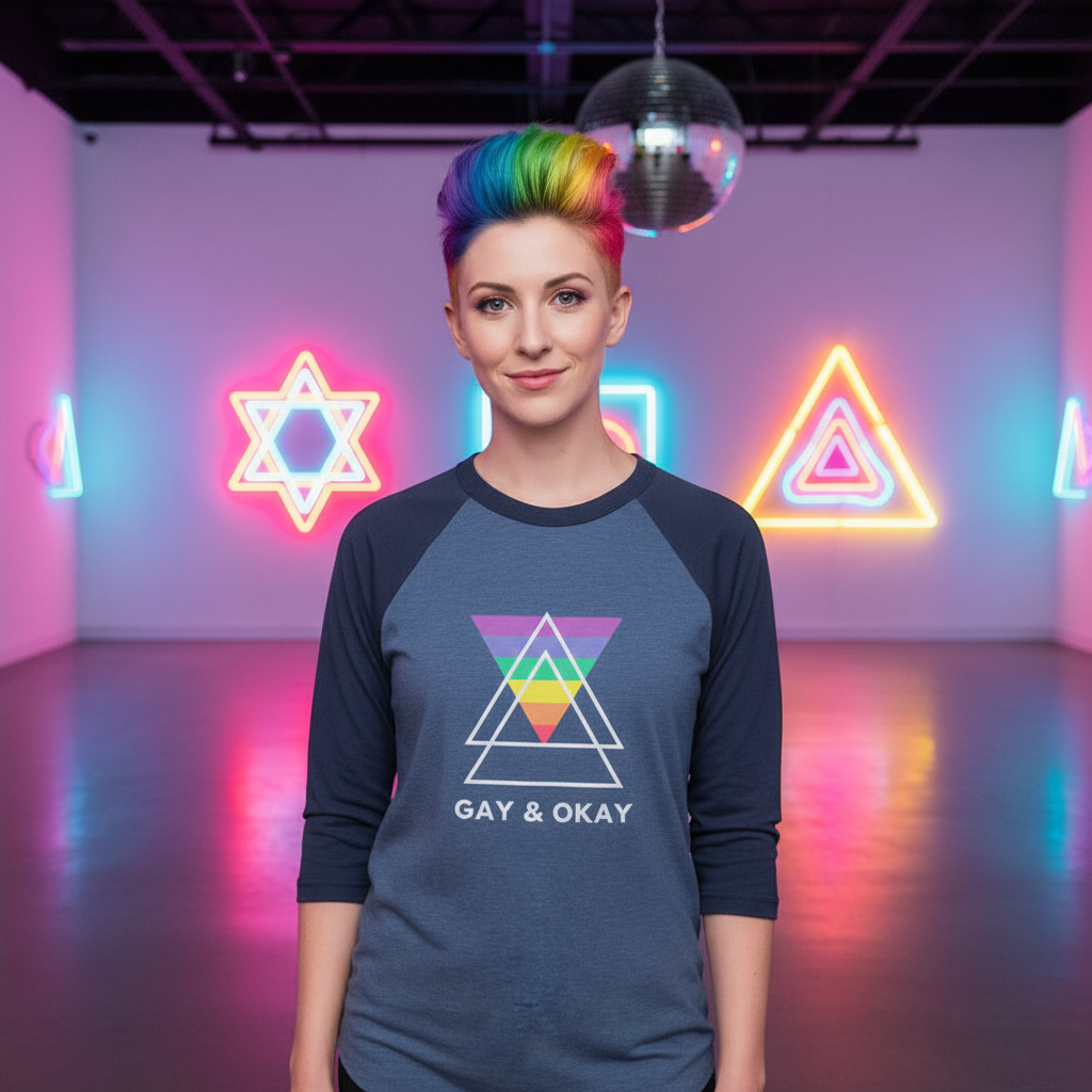 Gay & Ok 3/4 sleeve raglan shirt with rainbow triangle and “GAY & OKAY,” worn by a person with rainbow hair in neon gallery