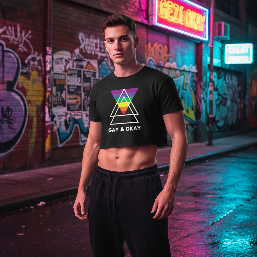 Model wearing a black cropped T-shirt with a rainbow triangle graphic and “GAY & OKAY” text