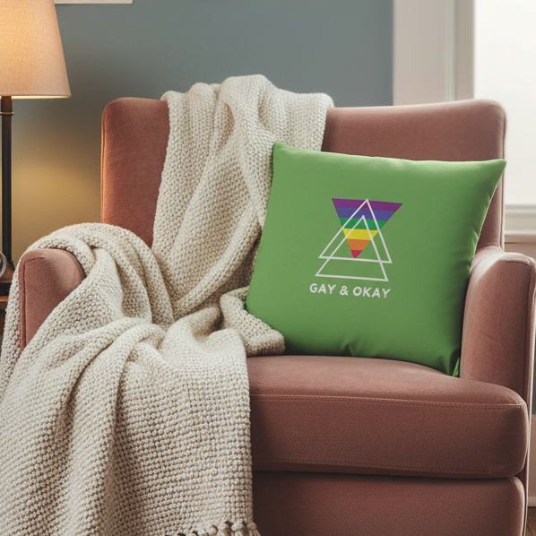 Gay & Ok Pillow on a cozy armchair with cream knit blanket; white triangles, rainbow triangle