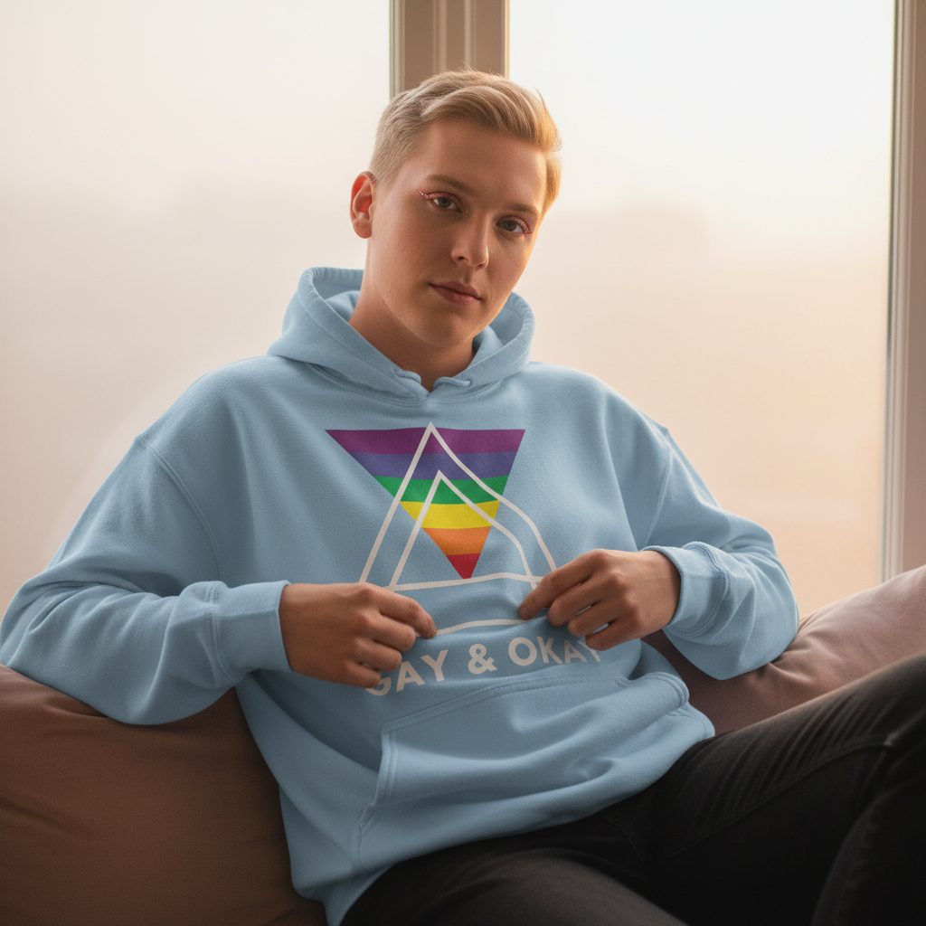 Person seated on a sofa wearing a light-blue hoodie with a rainbow triangle and “GAY & OKAY” text