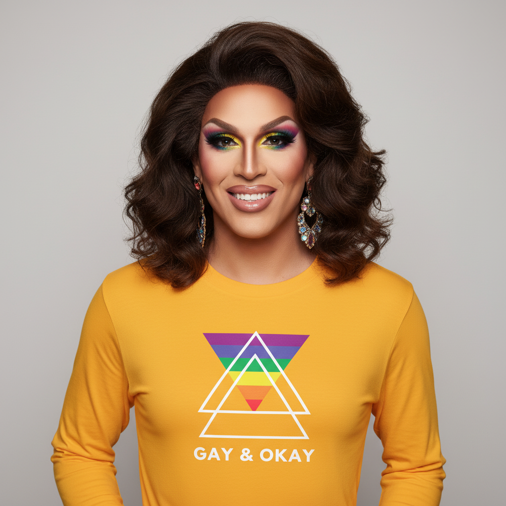 Gay & Ok Unisex Long Sleeve T-Shirt in bright yellow with a rainbow triangle and "Gay & Okay" slogan