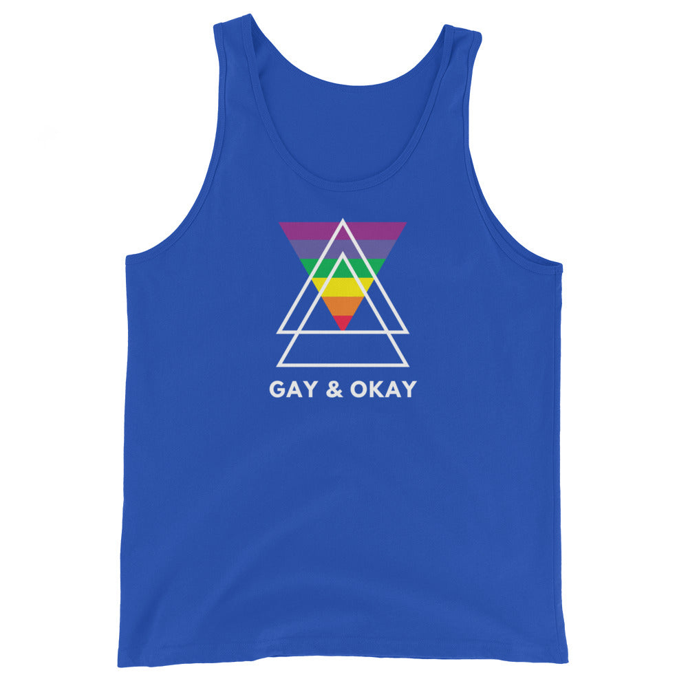 Unisex royal blue tank top with a bold geometric rainbow triangle and "GAY & OKAY" in white, perfect queer pride parade wear.