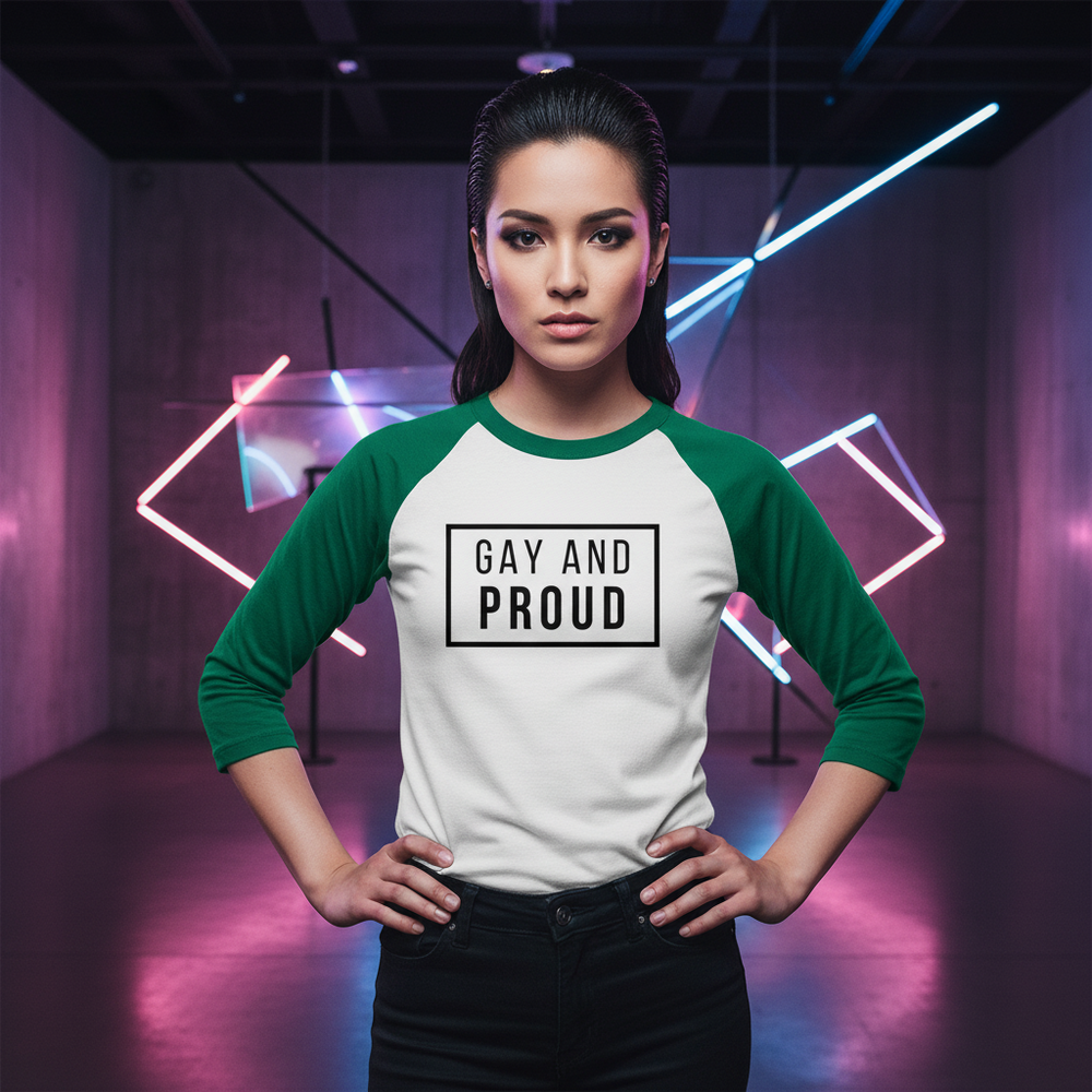Gay And Proud 3/4 sleeve white and green raglan shirt worn by a confident person, lit by neon pink, blue