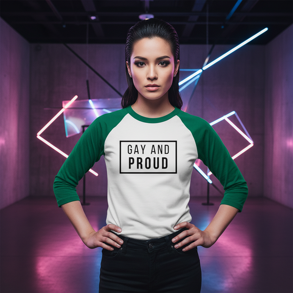 Gay And Proud 3/4 sleeve white and green raglan shirt worn by a confident person, lit by neon pink, blue
