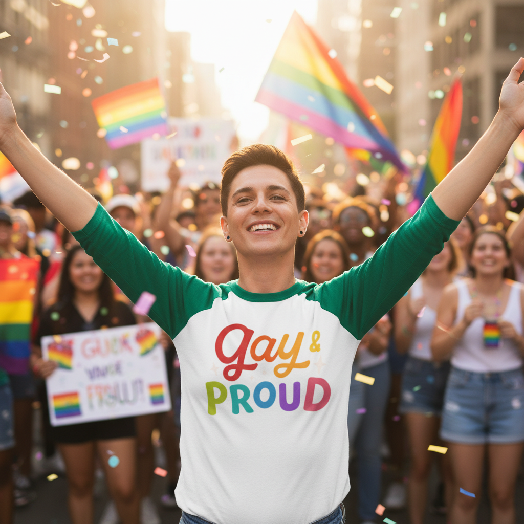 Gay & Proud 3/4 sleeve raglan shirt worn by a joyful parade-goer, arms up