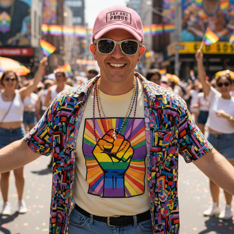 “Gay And Proud” cap tops a beaming person in rainbow fist tee, bright shirt, pride beads