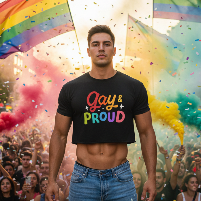 “Gay & Proud Crop Top” worn by a proud person at Pride, rainbow flags waving