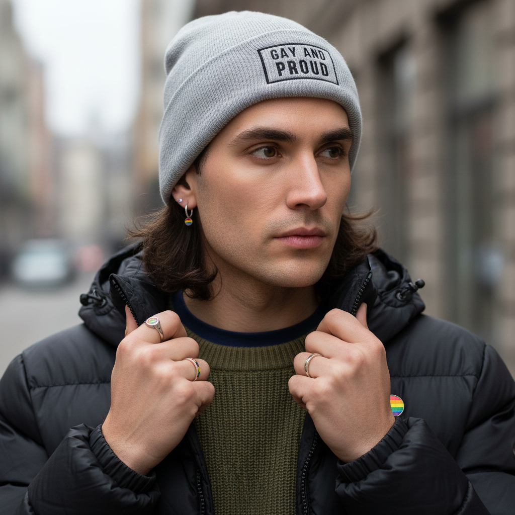 Gay And Proud Cuffed Beanie in gray on a person, styled with rainbow Pride gear, black puffer, olive sweater