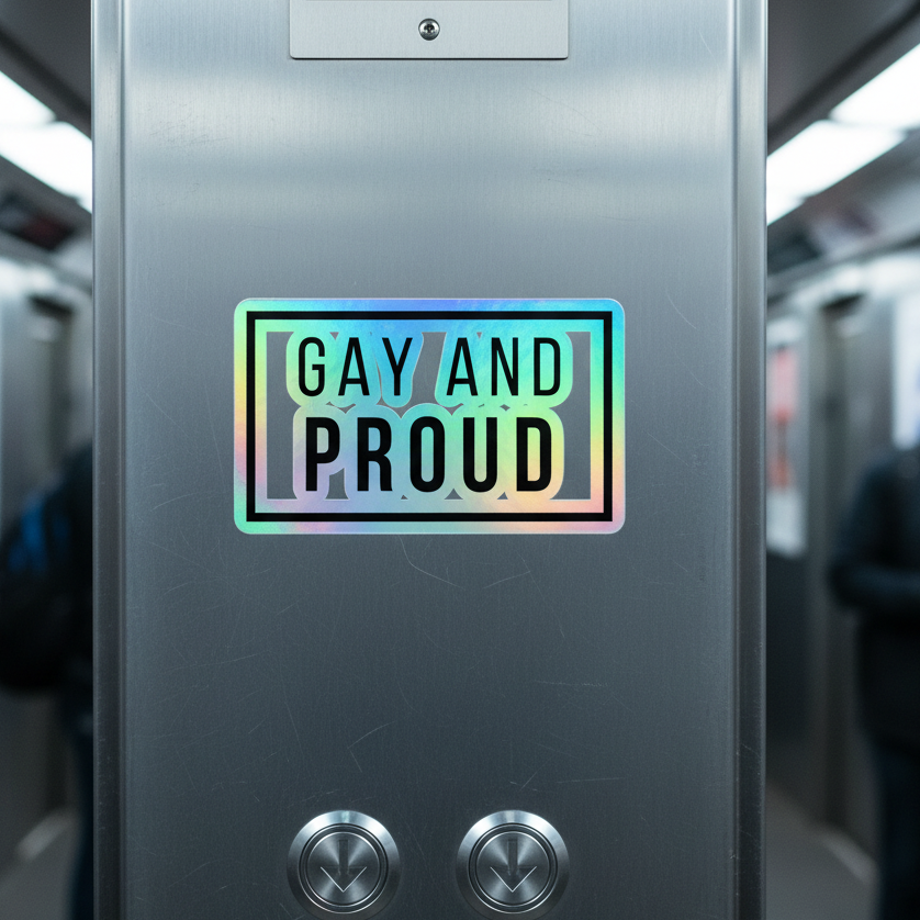 Gay And Proud Holographic Sticker with bold black text shines rainbow on a metallic subway wall above elevator buttons