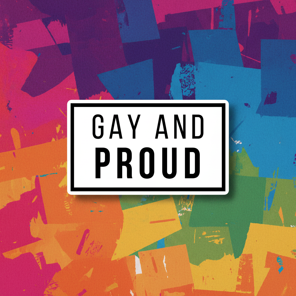 White rectangular magnet reading “GAY AND PROUD” over colorful abstract paint strokes