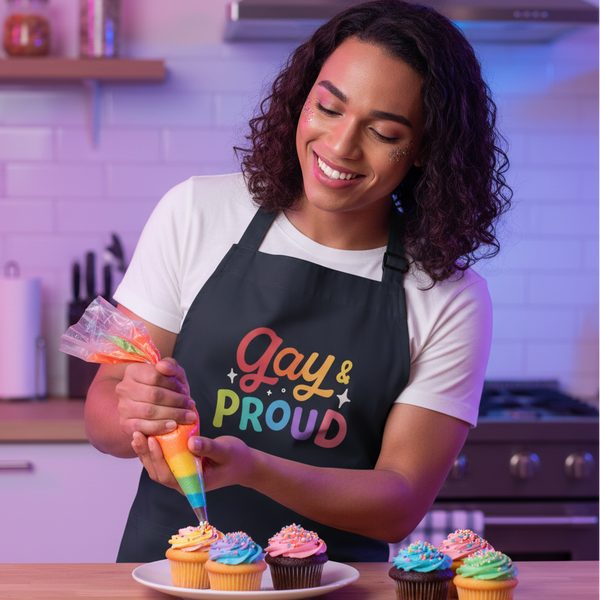 Person piping rainbow frosting onto cupcakes while wearing a black “Gay & Proud” apron