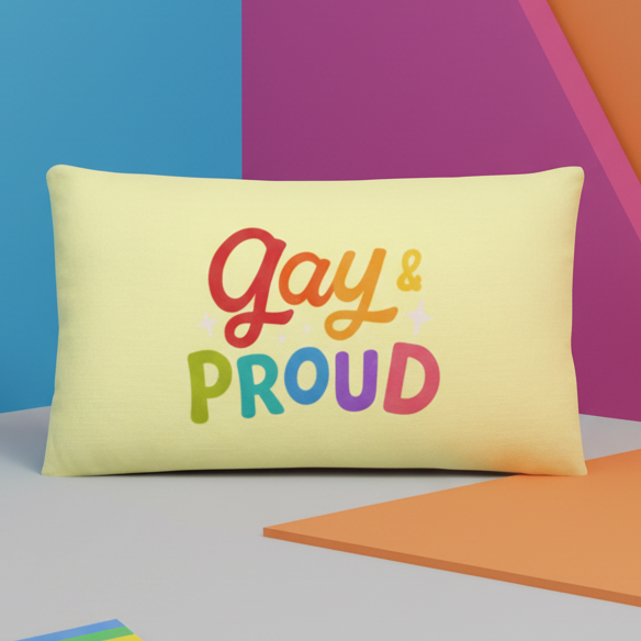 Rectangular yellow pillow with “Gay & Proud” in bold, colorful letters and geometric blue, purple, orange