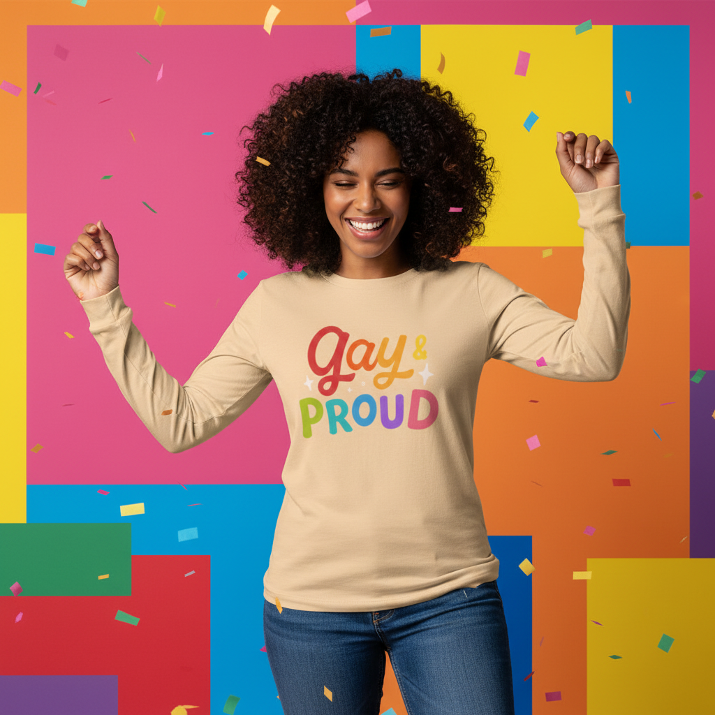 Unisex long sleeve tee with bold, colorful “Gay & Proud” text