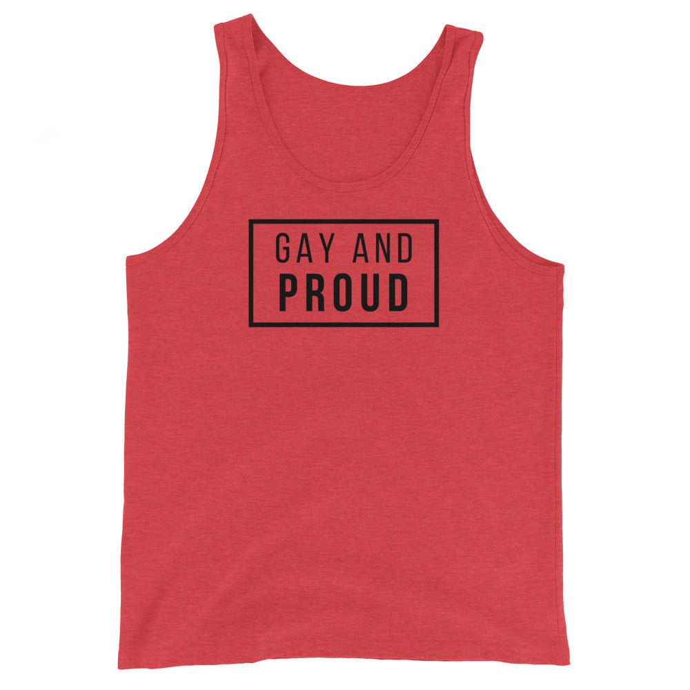 Front view of a red tank top with black boxed text reading “GAY AND PROUD”