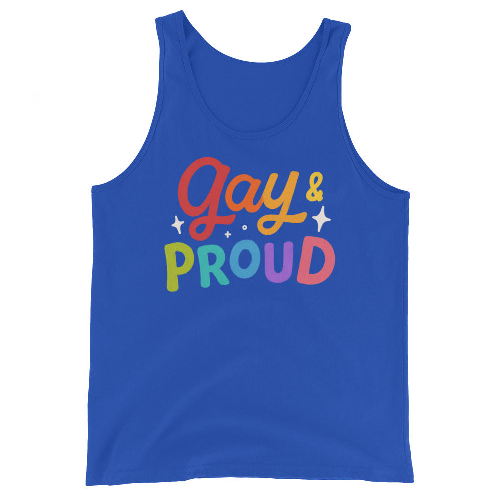 Blue tank top with colorful “Gay & Proud” lettering and star accents