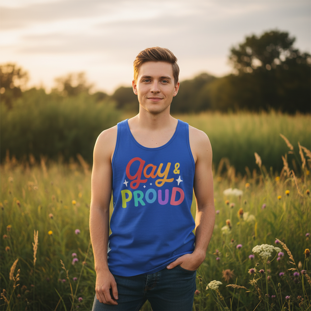 Gay & Proud Unisex Tank Top in bold, colorful lettering worn by a smiling guy in wildflowers at sunset—queer joy