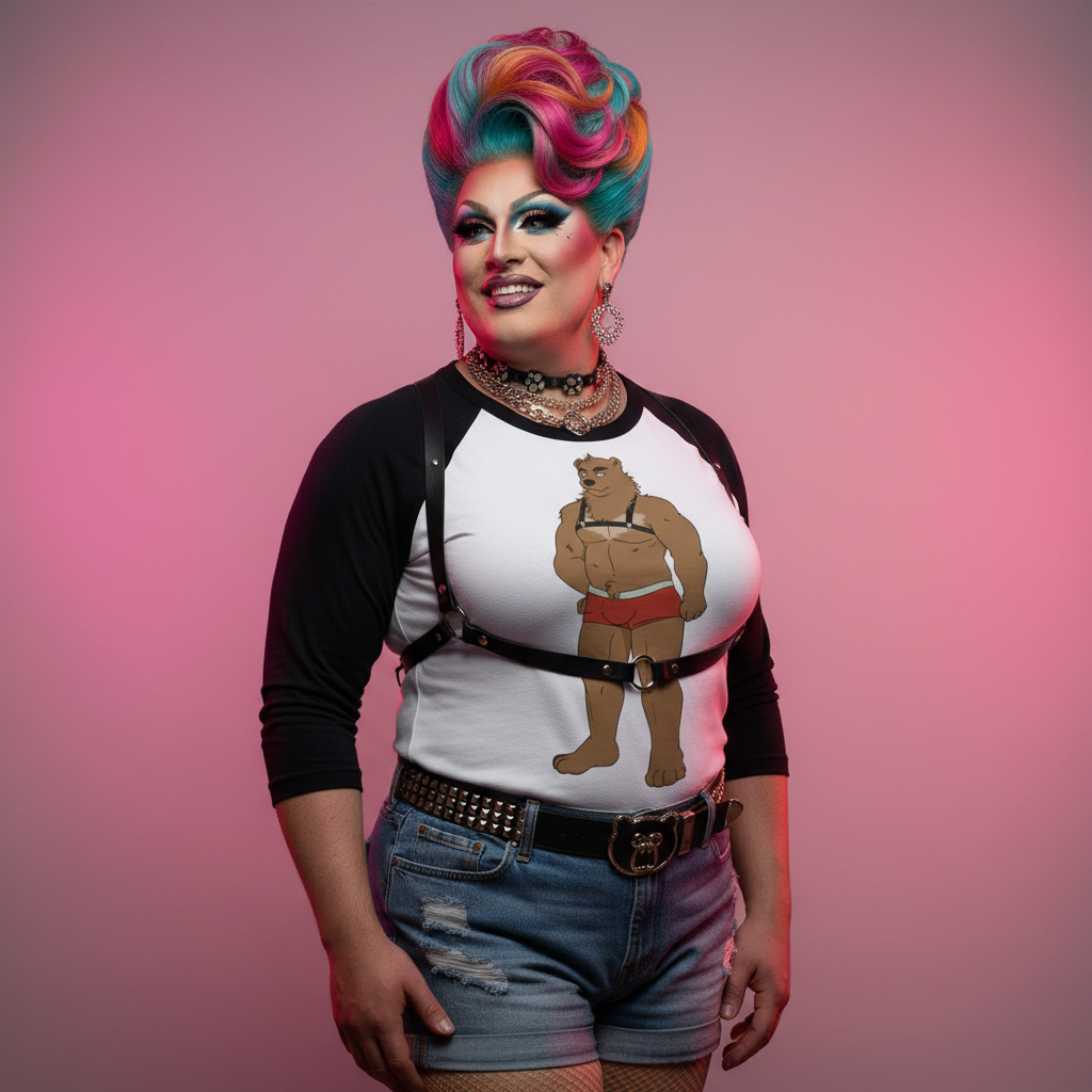Gay Bear 3/4 Sleeve Raglan Shirt on a drag queen with rainbow hair, bold makeup, and a cartoon bear in queer gear