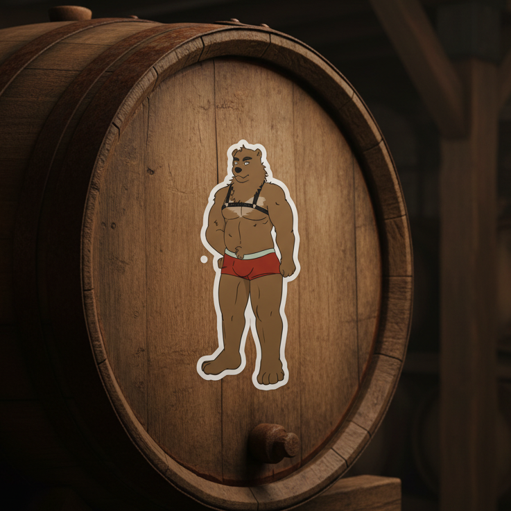 Gay Bear Bubble-Free Sticker of a bear in red shorts and black harness pops against a big rustic wood barrel under moody
