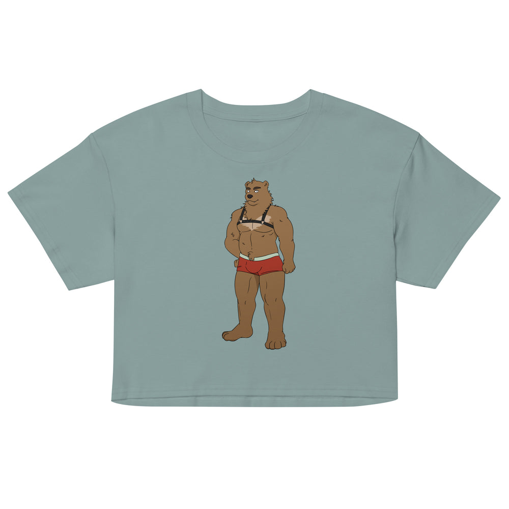 Front view of a sage-green T-shirt with a bear in a harness and red briefs