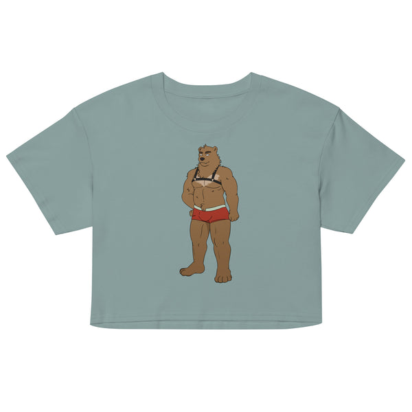 Front view of a sage-green T-shirt with a bear in a harness and red briefs