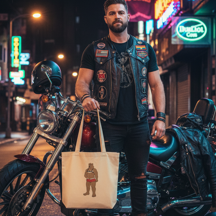 Bearded person holds a beige tote showing a cartoon bear in red briefs beside a motorcycle at night