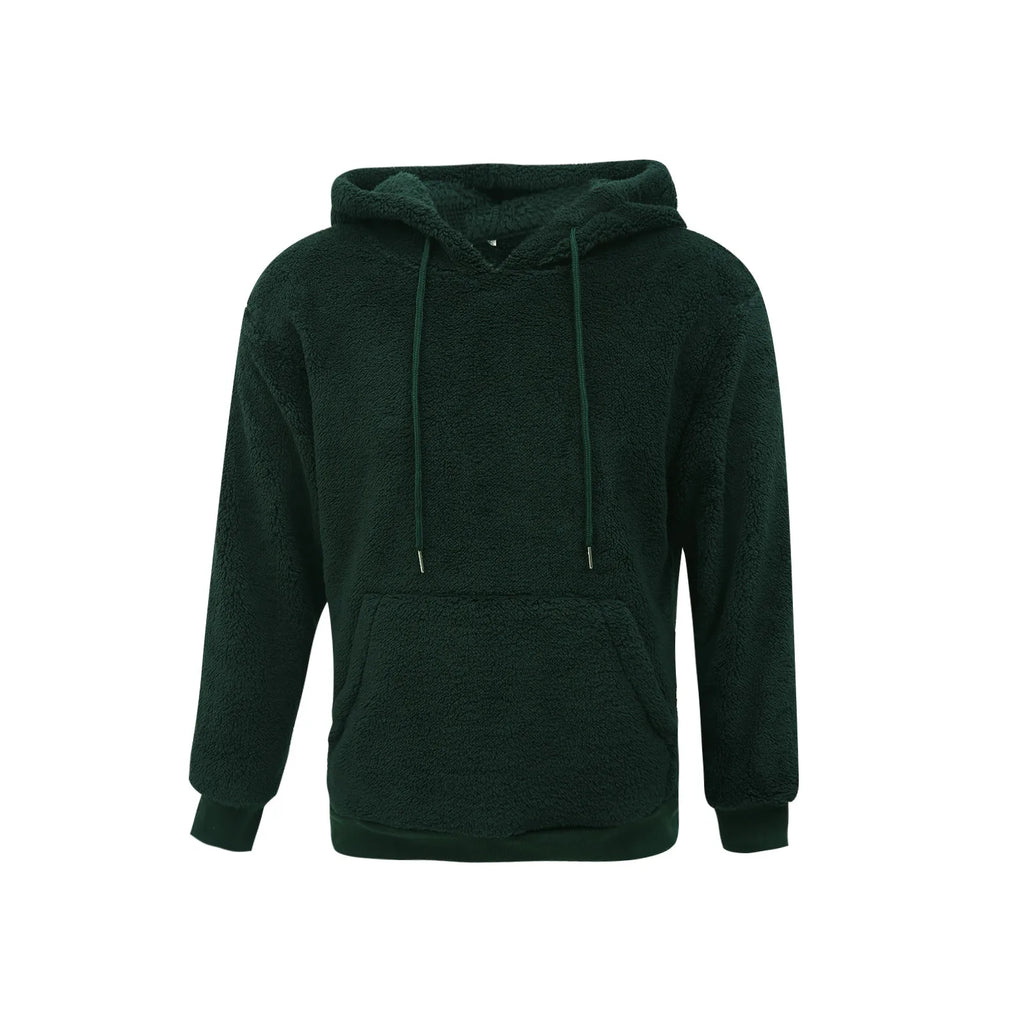 Front-view dark green fleece hoodie with drawstrings, ribbed cuffs, and a kangaroo pocket