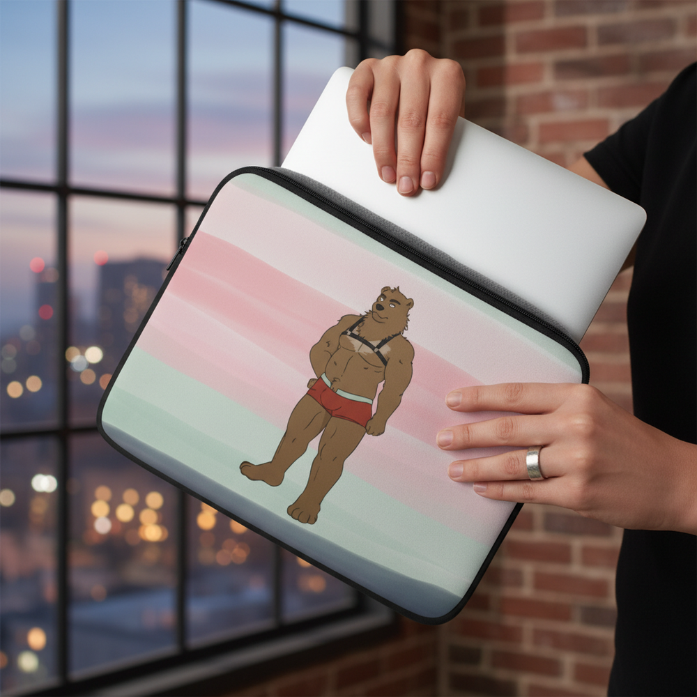 Gay Bear Laptop Sleeve with a cartoon bear in harness and red briefs on pastel stripes