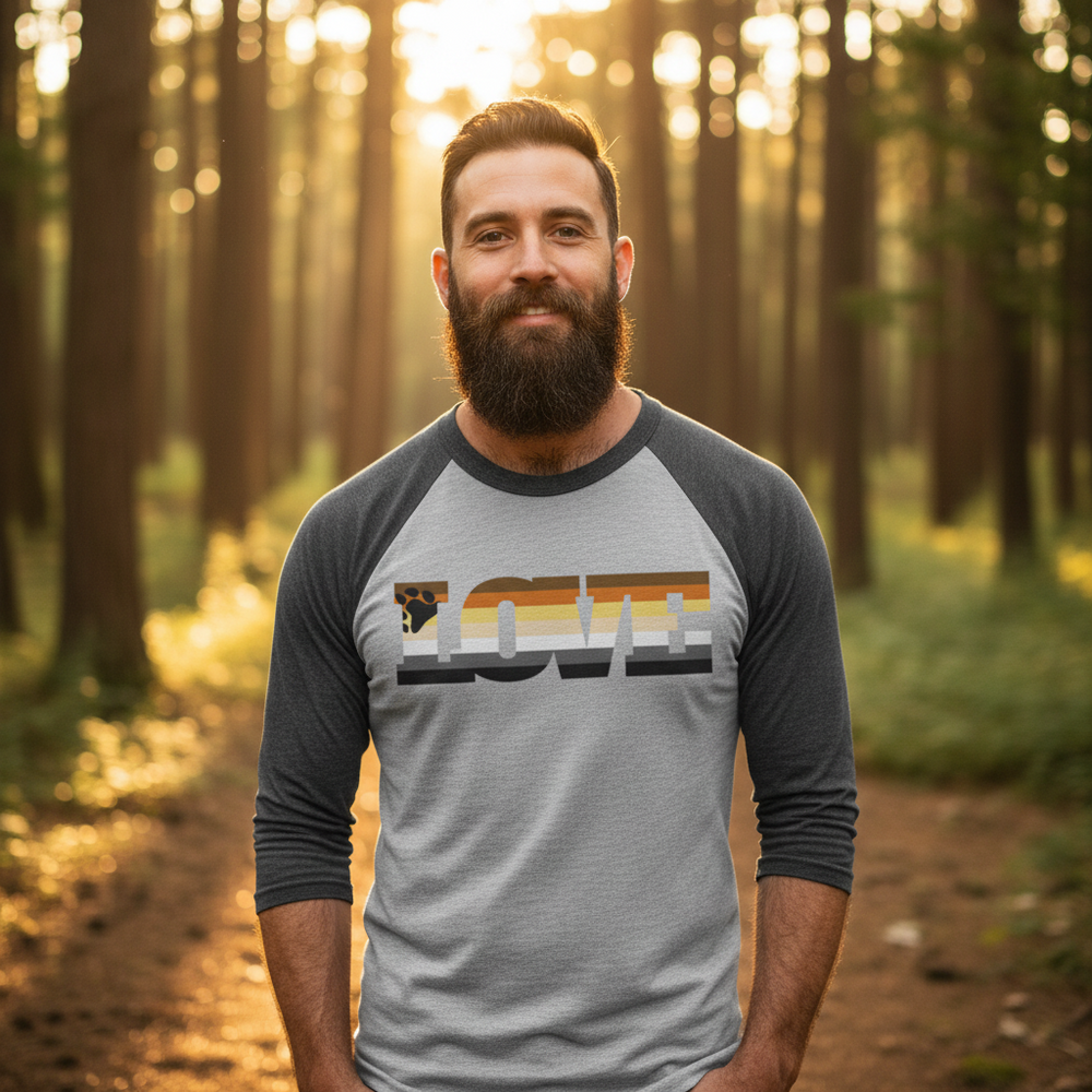 Gay Bear Love 3/4 Sleeve Raglan Shirt with "LOVE" in brown, yellow, and black bear pride stripes