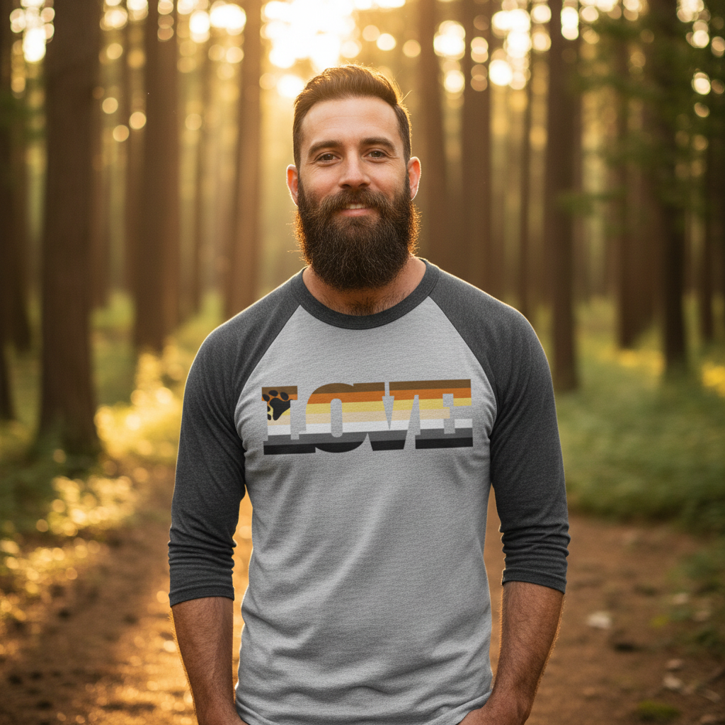 Gay Bear Love 3/4 Sleeve Raglan Shirt with "LOVE" in brown, yellow, and black bear pride stripes