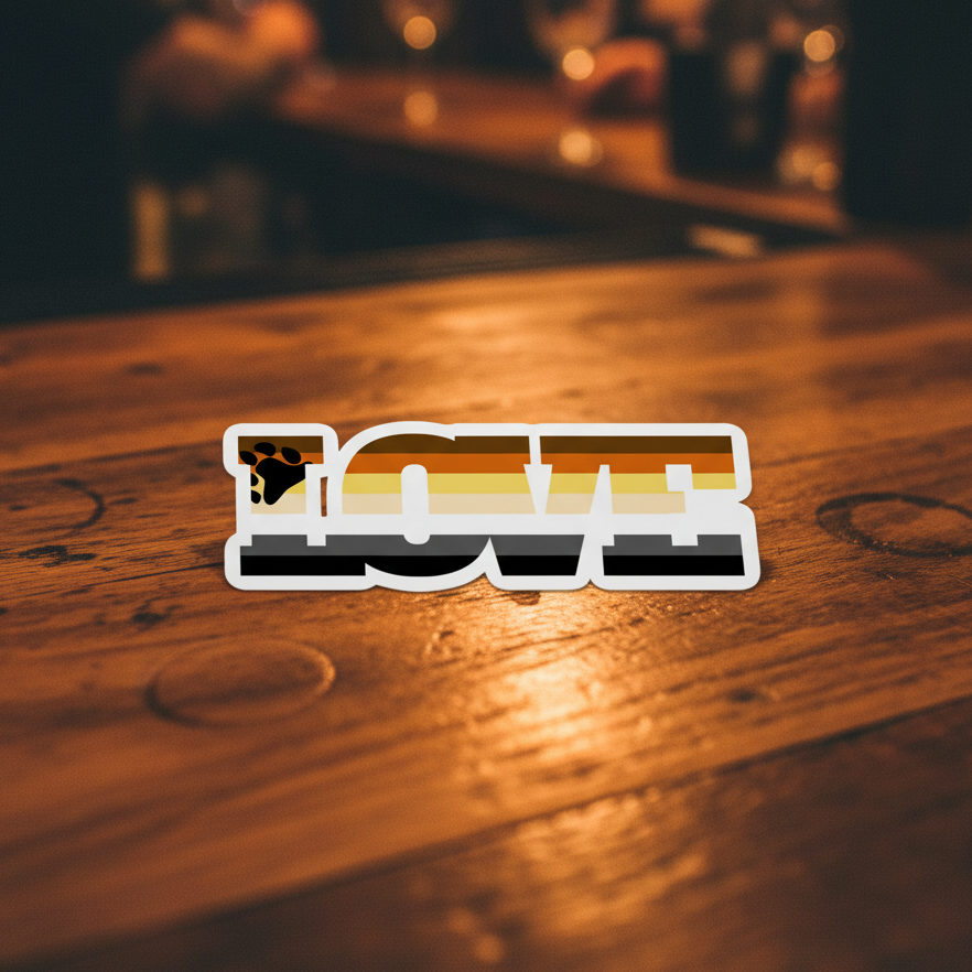 Bubble-free sticker with bold “LOVE,” a bear paw in the L, and brown, orange, yellow, white stripes—bear pride vibes.