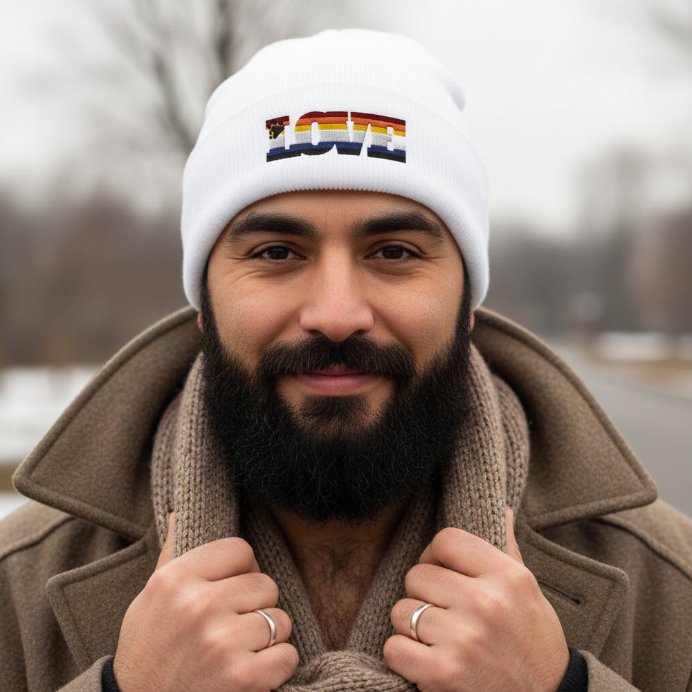 Gay Bear Love Cuffed Beanie with a rainbow-striped “LOVE” patch