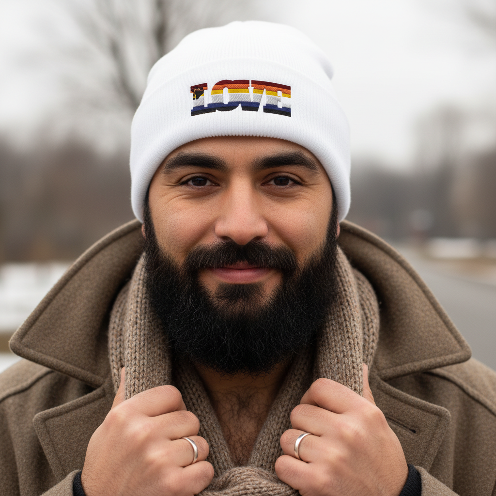 Gay Bear Love Cuffed Beanie with a rainbow-striped “LOVE” patch