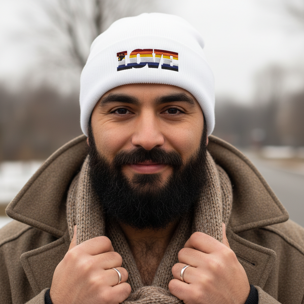 Gay Bear Love Cuffed Beanie with a rainbow-striped “LOVE” patch