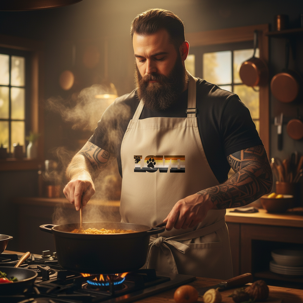 Bearded tattooed person stirs a steaming pot while wearing a beige apron with LOVE lettering and paw prints