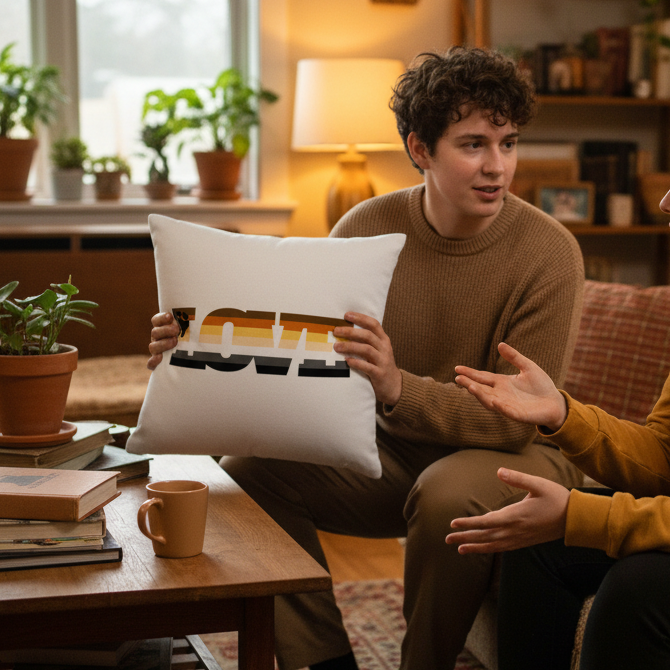 A person with curly hair holds the Gay Bear Love Pillow on a cozy couch; plants, books, and a mug sit on the coffee table