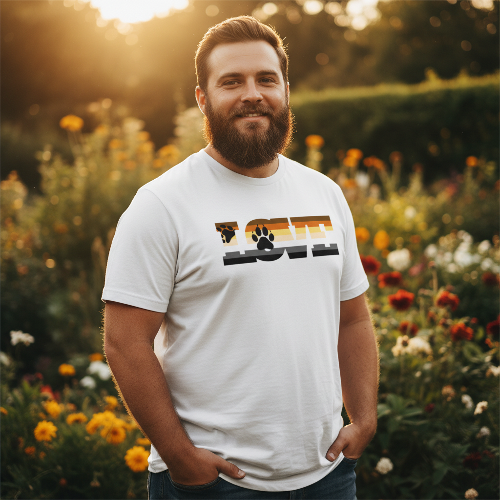 Gay Bear Love T-Shirt with a paw print as the “O” in LOVE