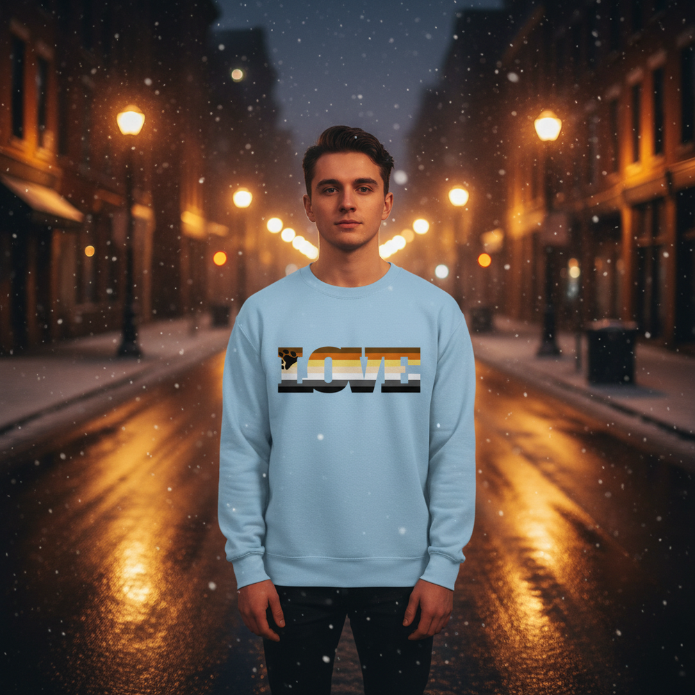 Model wearing a light blue sweatshirt with a bear-pride stripe graphic on a snowy city street