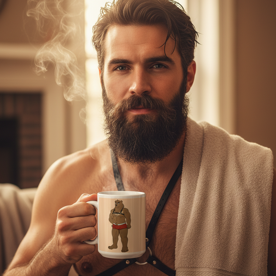 Bearded person in a leather harness holds a mug showing a bear in red briefs