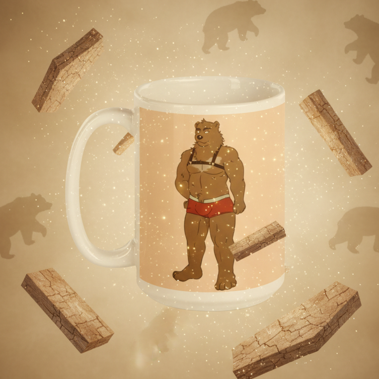 White mug featuring a muscular anthropomorphic bear in red briefs and suspenders
